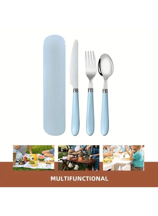 Blue 3 Piece Stainless Steel Utensil Set Portable Fork Spoon Camping Steak Tool - Image 4